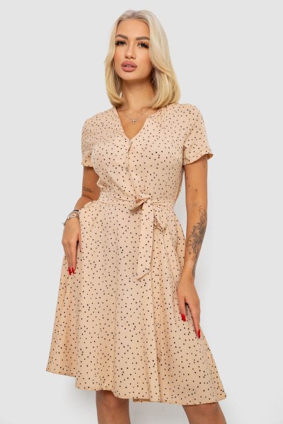 Платье софт с принтом в горох, цвет бежевый, 230R0032-3