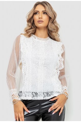 Блуза женская гипюровая классическая, цвет белый, 204R150