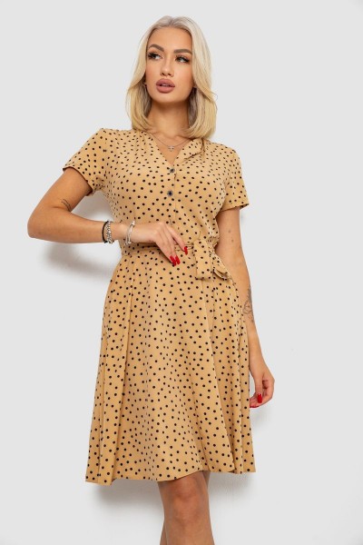 Платье софт с принтом в горох, цвет темно-бежевый, 230R0032-3